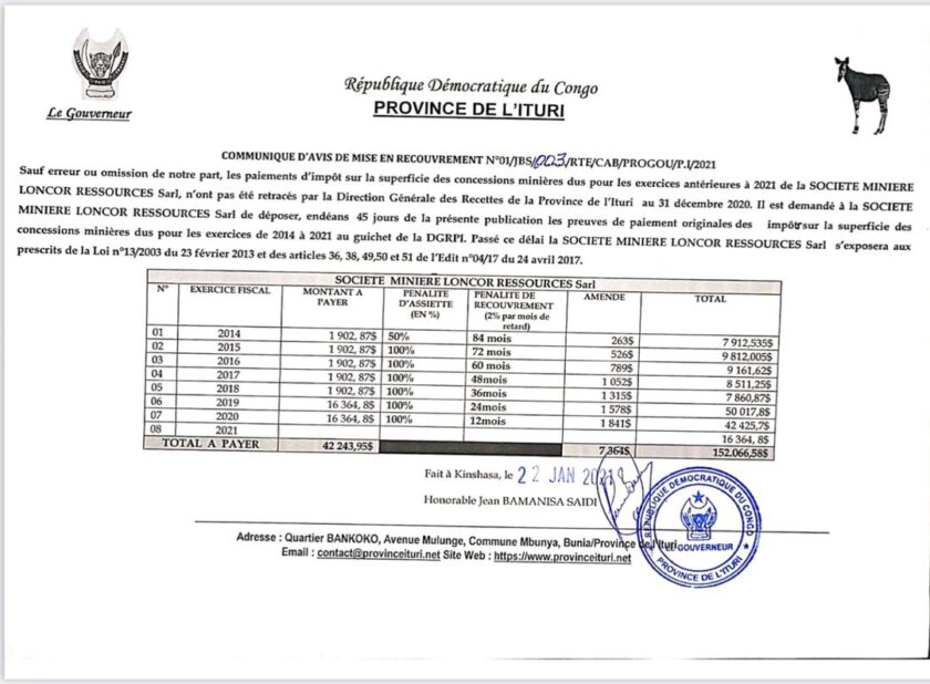 4 notices issued against 4 mining companies in Ituri (Loncor, Mongwalu, Kilogold and Sokimo) DRC 3