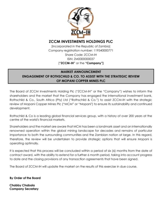 ZCCM-IH engages Rothschild & Co. to assist with the strategic review of Mopani Copper Mines 1