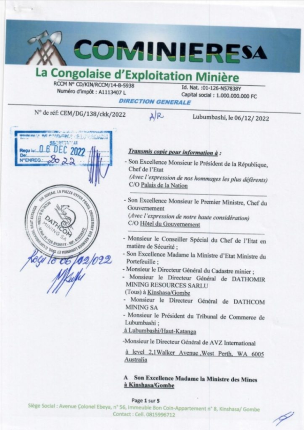 COMINIERE requests the postponement of the decrees waiving PR13359 for several violations and fraud by AVZ 2