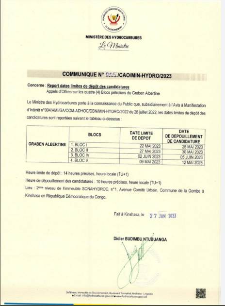 Didier Budimbu extends the deadline for submitting applications for the 27 oil blocks from April to October 2023 2