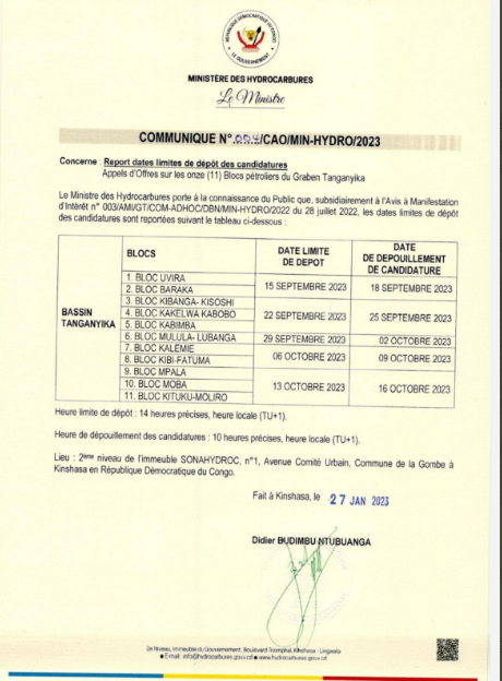 Didier Budimbu extends the deadline for submitting applications for the 27 oil blocks from April to October 2023 3