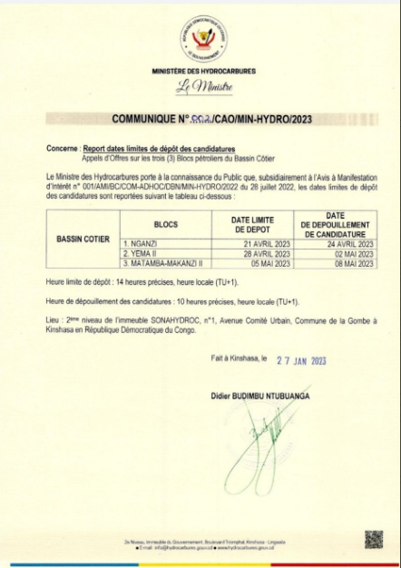 Didier Budimbu extends the deadline for submitting applications for the 27 oil blocks from April to October 2023 5