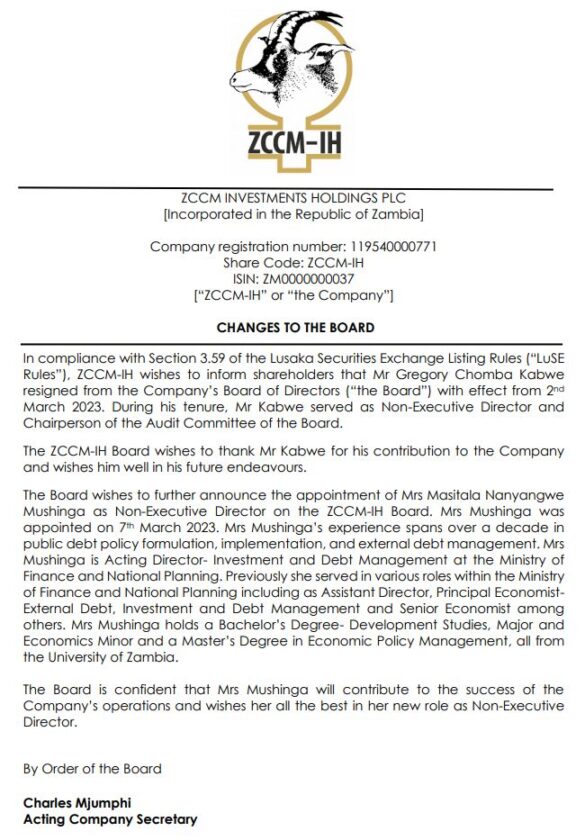 ZCCM-IH Announces changes of Board of Directors 2