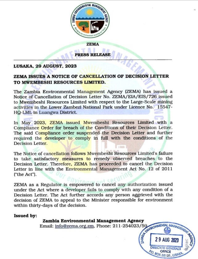 ZEMA Cancels Mwembeshi Resources' Decision Letter for Lower Zambezi Mining 2