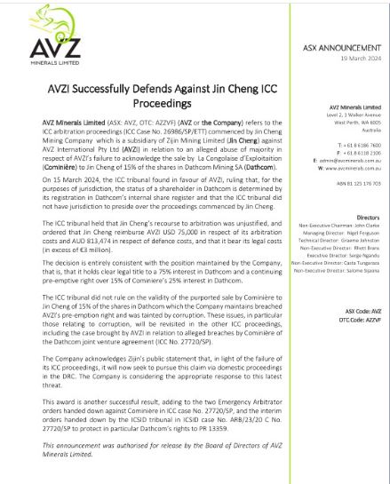 AVZ International Prevails in ICC Case Against Jin Cheng Mining 2