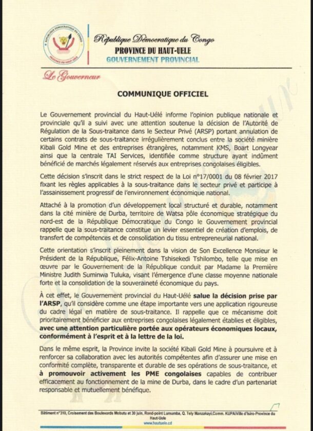 Haut-Uele Governor Backs Cancellation of Kibali Subcontracting Agreements 2