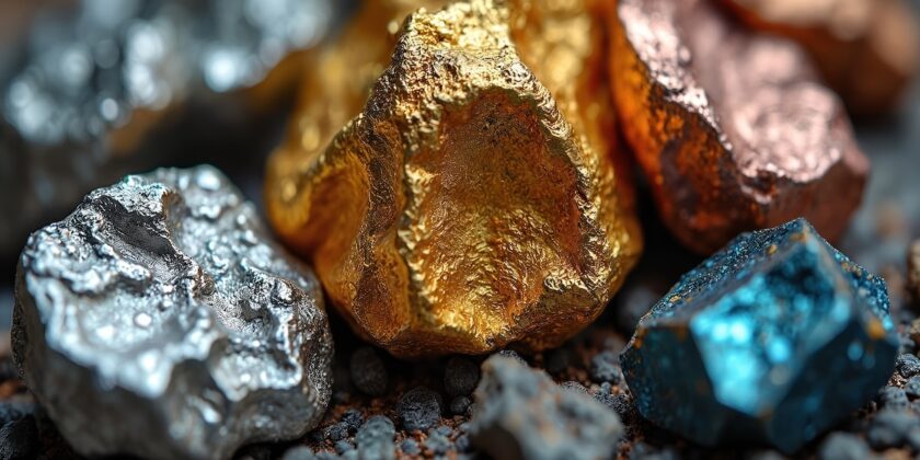 Macro close-up shot metallic ores. Silver gold copper zinc iron minerals in industrial mineral composition analysis. Shiny raw material samples with geologic structure for exploration.